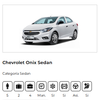 Alquiler de Chevrolet Onix Sedán económico en Bariloche. Ideal para recorrer la ciudad y hacer turismo de manera cómoda y accesible.
