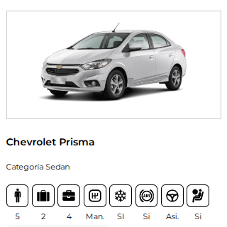 Alquiler de Chevrolet Prisma en Bariloche. Sedán económico y cómodo, ideal para recorrer la ciudad y el Circuito Chico.