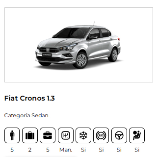 Alquiler de Fiat Cronos 1.3 en Bariloche. Auto sedan económico y cómodo para recorrer la ciudad y las rutas turísticas.
