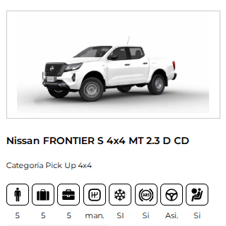 Alquiler de Nissan Frontier 4x4 diésel en Bariloche. Camioneta robusta ideal para turismo aventura, caminos de ripio y montaña.