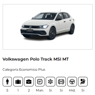 Alquiler de Volkswagen Polo Track hatchback económico en Bariloche. Perfecto para moverse por la ciudad de forma ágil y ahorrativa.
